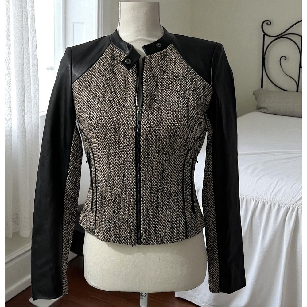 Calvin Klein Brown Faux Leather Trim Tweed Moto Jacket XS‎